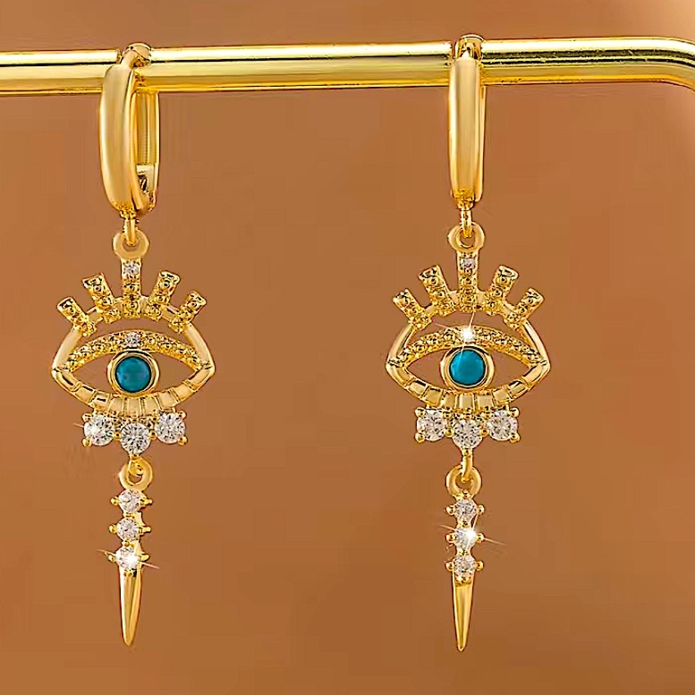 Gold 14K Evil Eye Hoop Zircon Drop Dangling Minimalist Earrings - Picture 3 of 8
